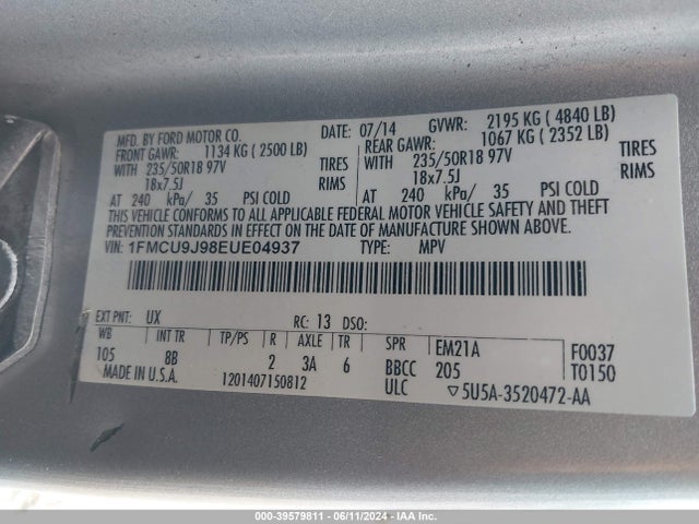 Ford Escape Titanium 2014 1FMCU9J98EUE04937 Image 9