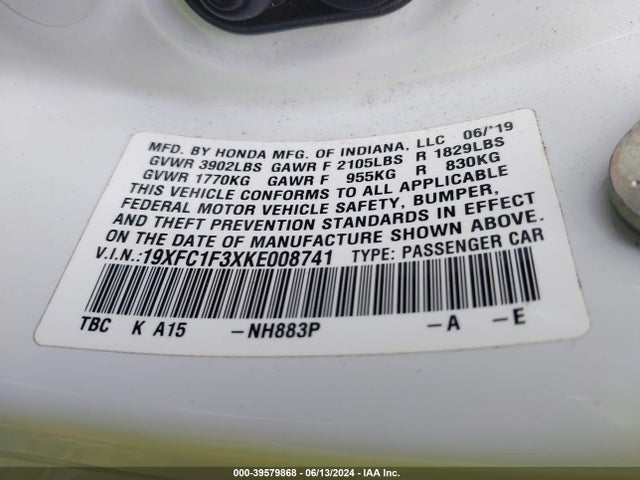 Honda CIVIC EX 2019 19XFC1F3XKE008741 Image 9
