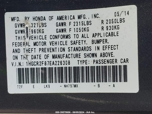 Honda Accord Ex-l 2014 1HGCR2F87EA226308 Image 9