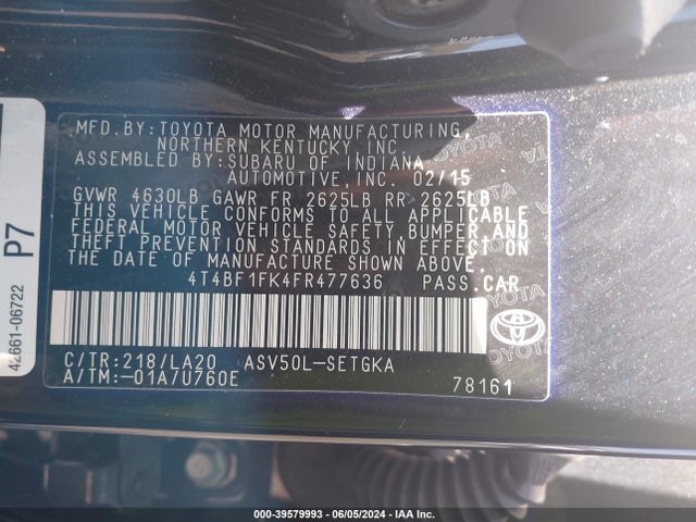 Toyota CAMRY XLE 2015 4T4BF1FK4FR477636 Image 9