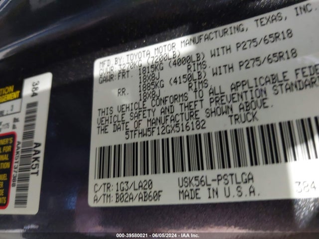 5TFHW5F12GX516182 Toyota Tundra Limited 5.7l V8