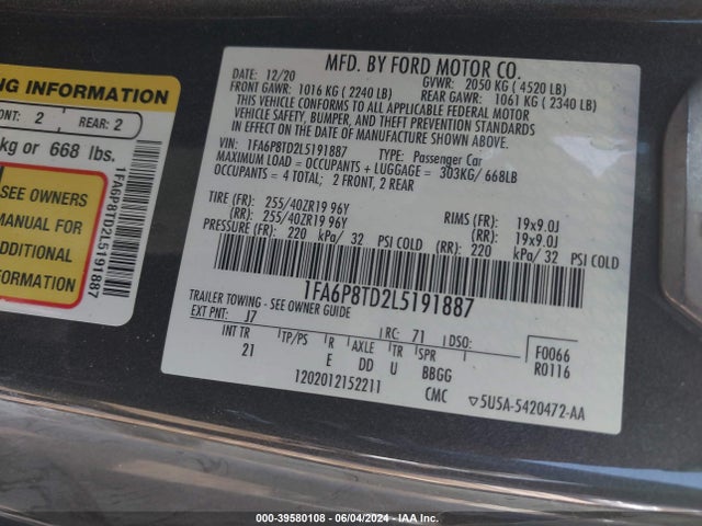 Ford Mustang Ecoboost Fastback 2020 1FA6P8TD2L5191887 Image 9