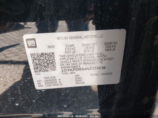 1GYKPDRS4NZ174036 Cadillac Xt6 Awd Premium Luxury