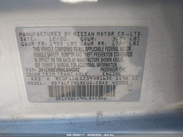 3N1CN8EV9ML844342 Nissan Versa Sv Xtronic Cvt