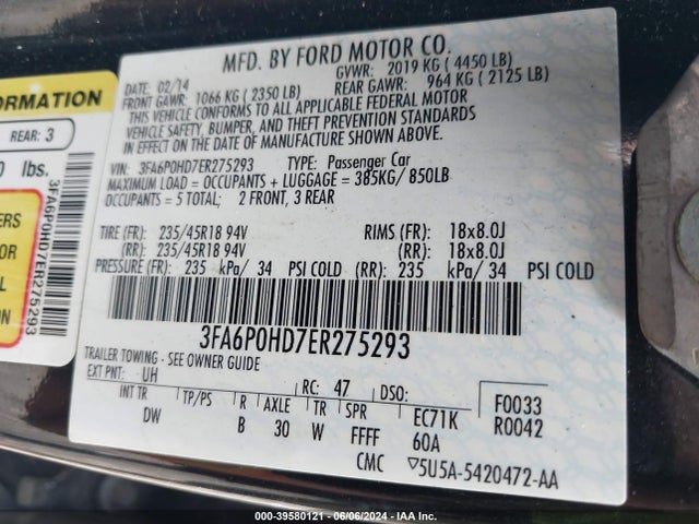 Ford FUSION SE 2014 3FA6P0HD7ER275293 Image 9