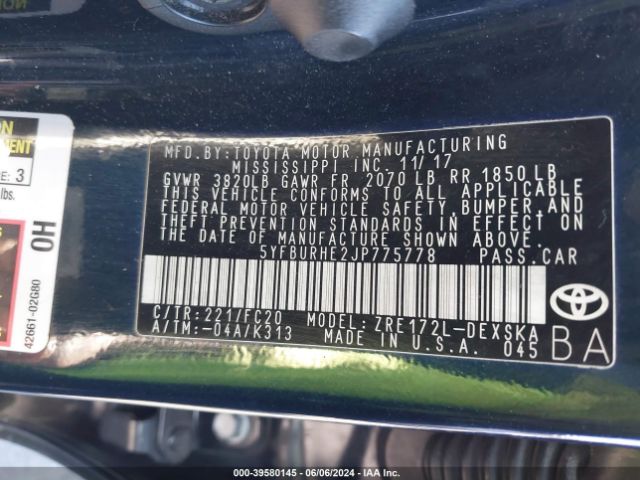 5YFBURHE2JP775778 Toyota COROLLA SE