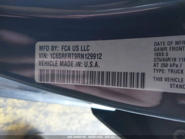 1C6SRFRT9RN129912 RAM 1500 Laramie  4x4 6'4 Box