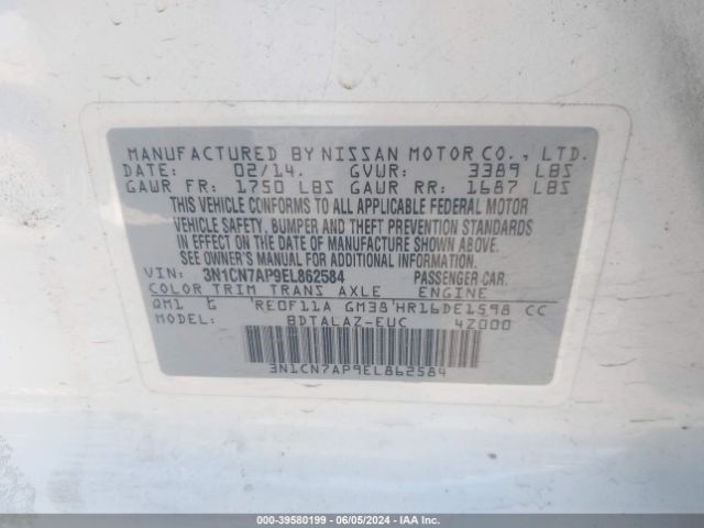 3N1CN7AP9EL862584 Nissan Versa 1.6 S+