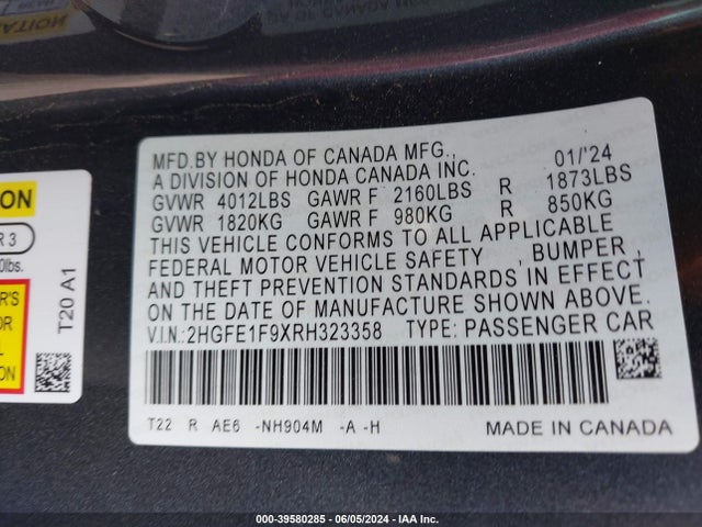 Honda Civic Touring 2024 2HGFE1F9XRH323358 Image 9