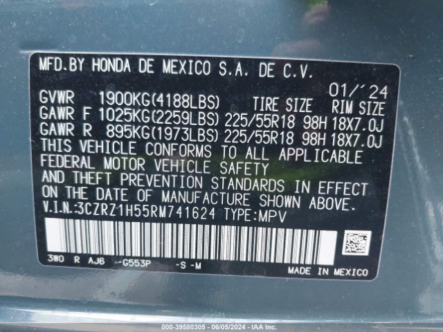 3CZRZ1H55RM741624 Honda Hr-v 2wd Sport/2wd Sport W/o Bsi