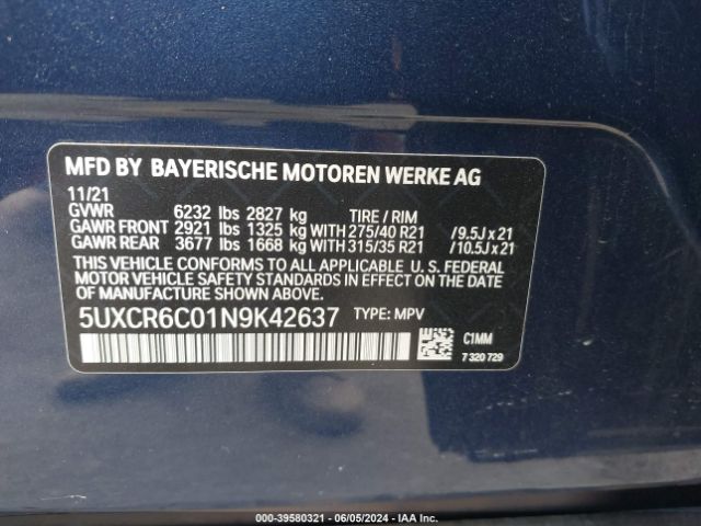 5UXCR6C01N9K42637 BMW X5 Xdrive40i