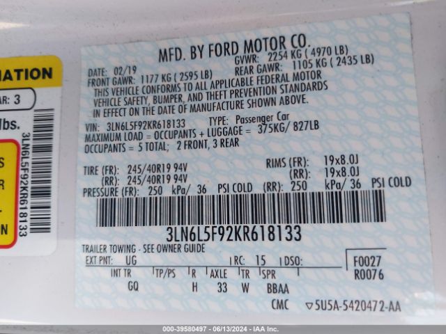 3LN6L5F92KR618133 Lincoln Mkz Reserve Ii