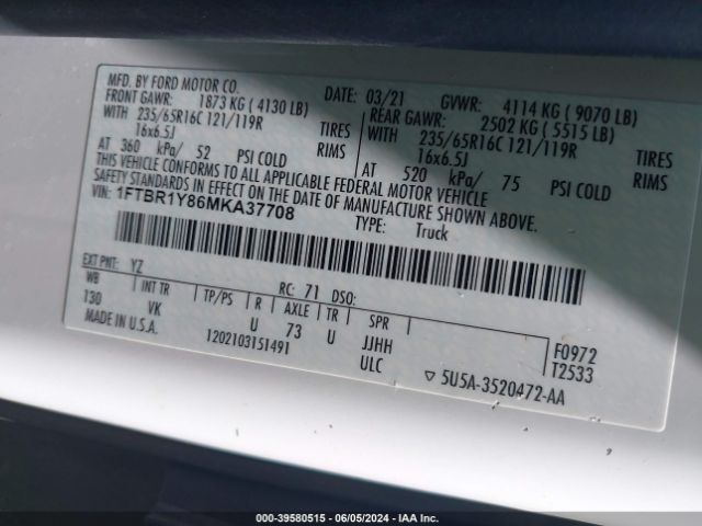 1FTBR1Y86MKA37708 Ford Transit-250
