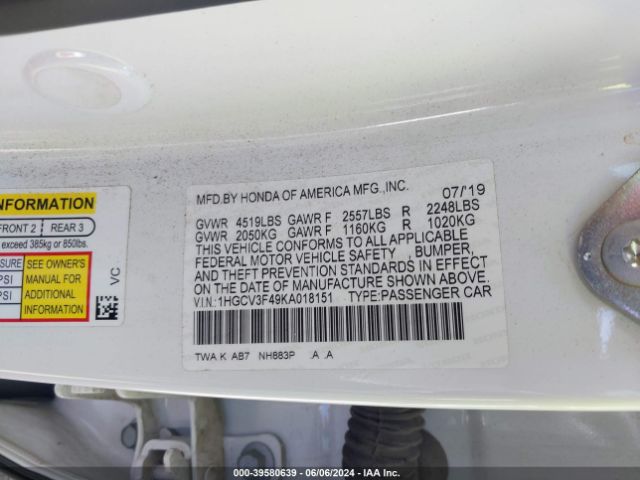 1HGCV3F49KA018151 Honda Accord Hybrid Ex