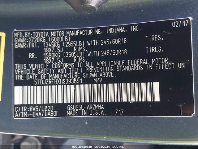 Toyota Highlander Xle 2017 5TDJZRFHXHS393591 Image 9