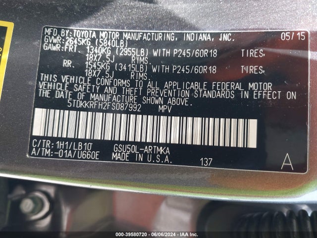 Toyota Highlander Xle V6 2015 5TDKKRFH2FS087992 Image 9