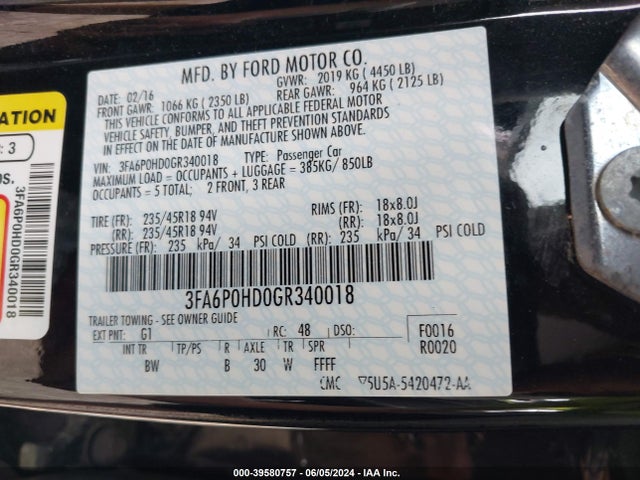 Ford FUSION SE 2016 3FA6P0HD0GR340018 Image 9