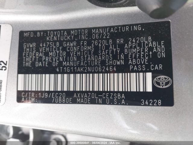 4T1G11AK2NU062464 Toyota Camry Se Nightshade Edition