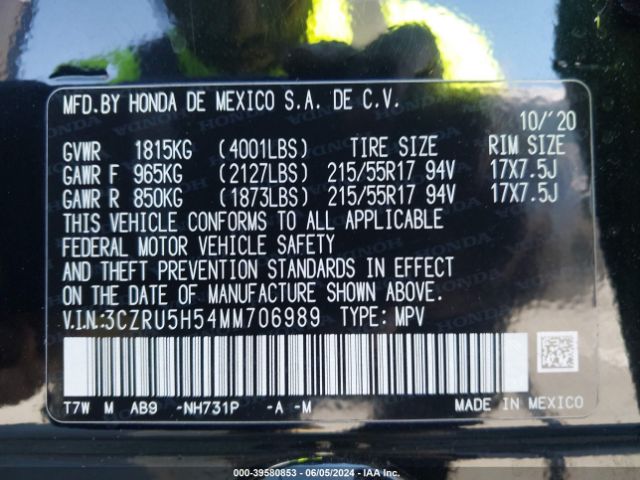 3CZRU5H54MM706989 Honda Hr-v 2wd Ex