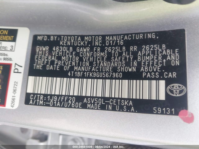 Toyota CAMRY SE 2016 4T1BF1FK9GU567960 Image 9