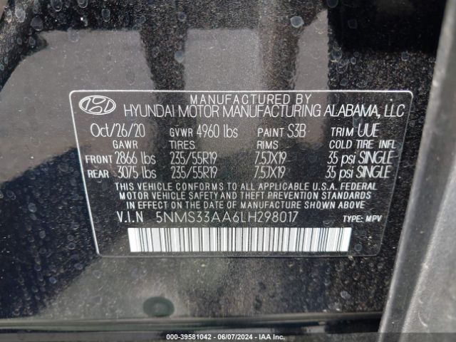 5NMS33AA6LH298017 Hyundai Santa Fe Sel 2.0t