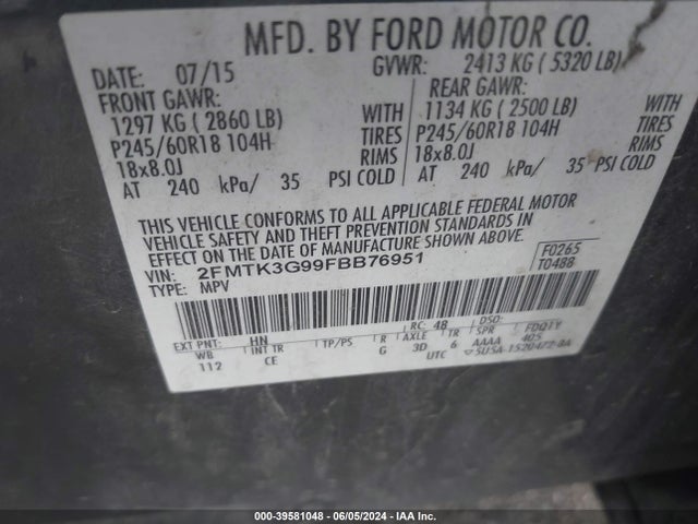 Ford EDGE SE 2015 2FMTK3G99FBB76951 Image 9
