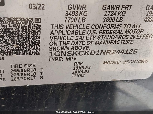 Chevrolet Suburban 4wd Lt 2022 1GNSKCKD1NR244125 Image 9