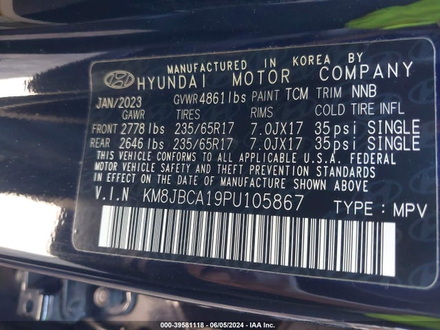 KM8JBCA19PU105867 Hyundai Tucson Hybrid Blue