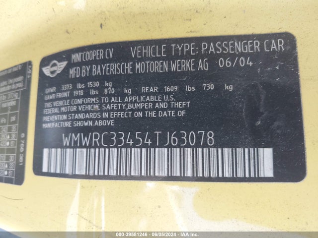 2004 MINI COOPER WMWRC33454TJ63078 Photo 8