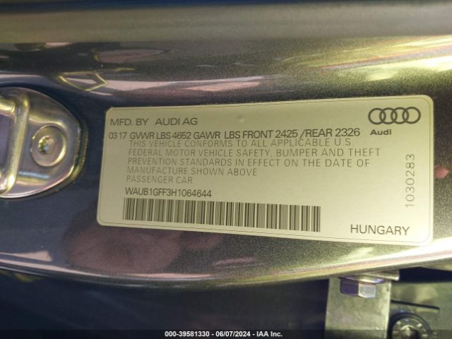 WAUB1GFF3H1064644 Audi S3 2.0t Premium Plus