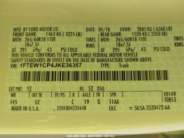 1FTEW1CP4JKE36357 Ford F-150 Xlt
