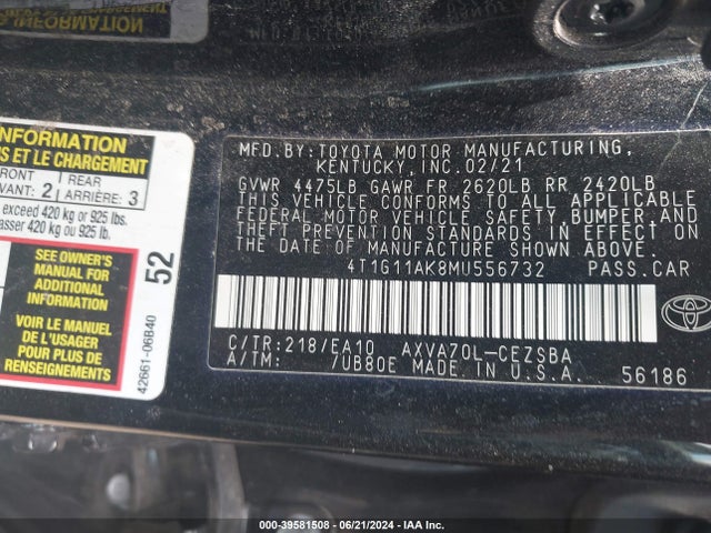 Toyota CAMRY SE 2021 4T1G11AK8MU556732 Image 9