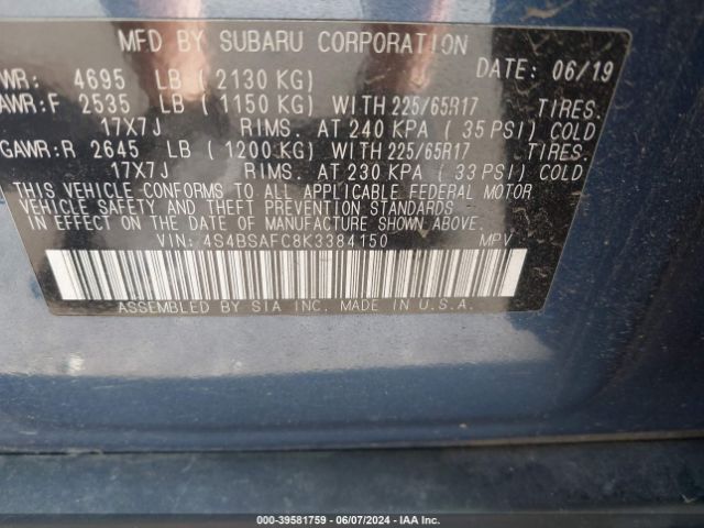 4S4BSAFC8K3384150 Subaru Outback 2.5i Premium