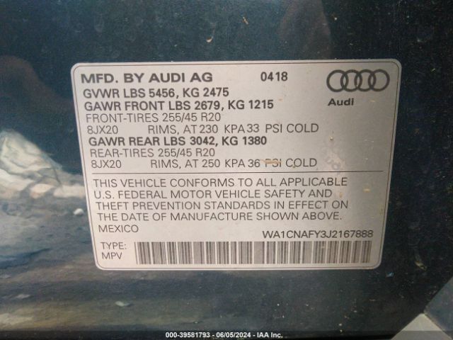 WA1CNAFY3J2167888 Audi Q5 2.0t Premium/2.0t Tech Premium