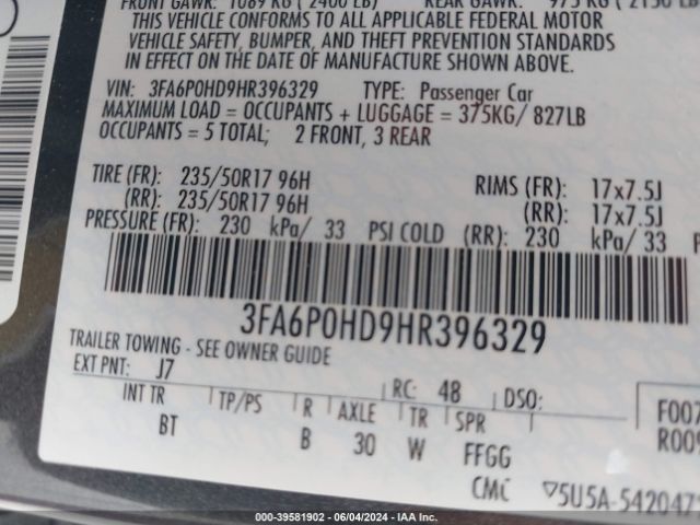 3FA6P0HD9HR396329 Ford FUSION SE