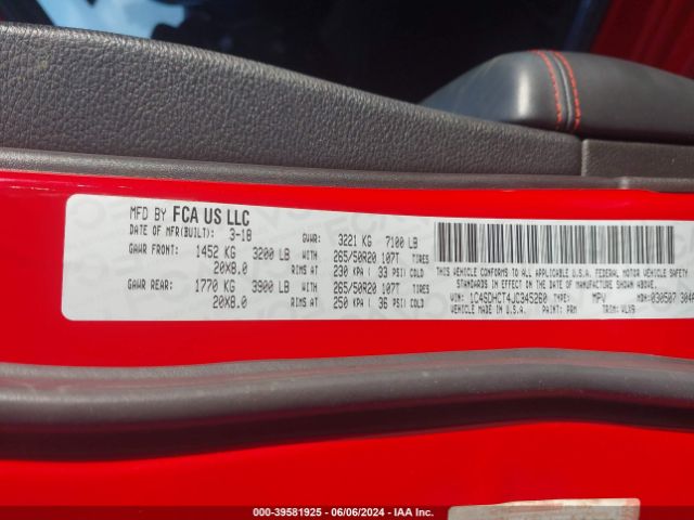 1C4SDHCT4JC345260 Dodge Durango R/t Rwd