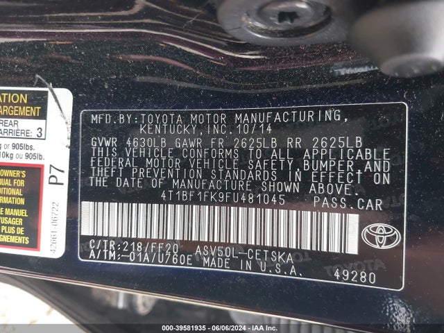 Toyota CAMRY SE 2015 4T1BF1FK9FU481045 Image 9