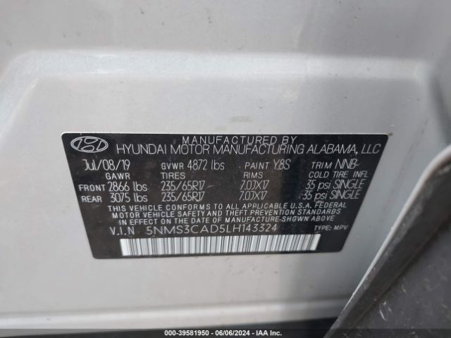 5NMS3CAD5LH143324 Hyundai Santa Fe Sel