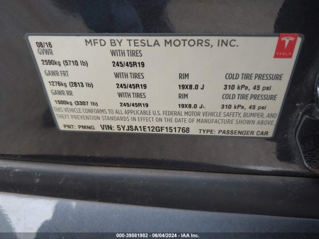 Tesla Model S 60/70/75/85 2016 5YJSA1E12GF151768 Image 9