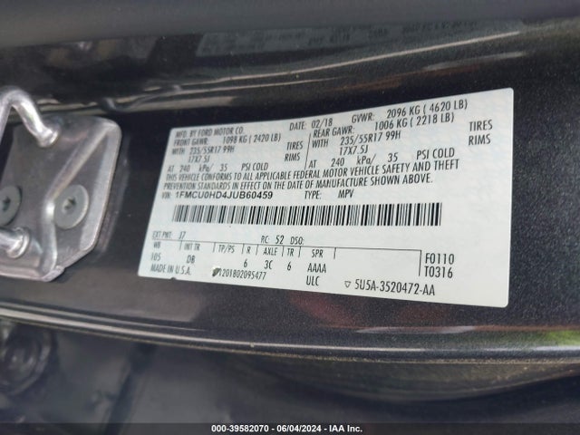 1FMCU0HD4JUB60459 Ford ESCAPE SEL