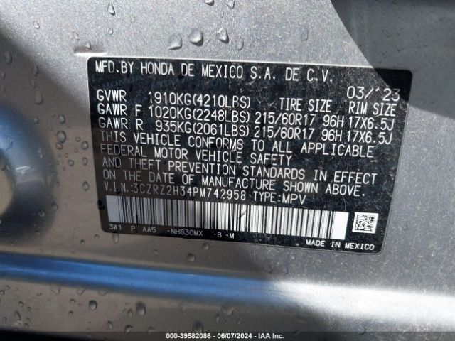 3CZRZ2H34PM742958 Honda Hr-v Awd Lx