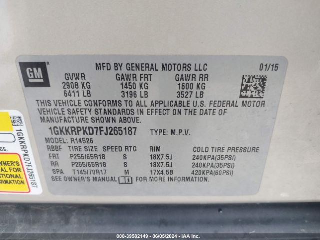 1GKKRPKD7FJ265187 GMC Acadia Sle-2