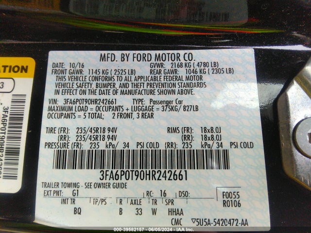 Ford FUSION SE 2017 3FA6P0T90HR242661 Image 9