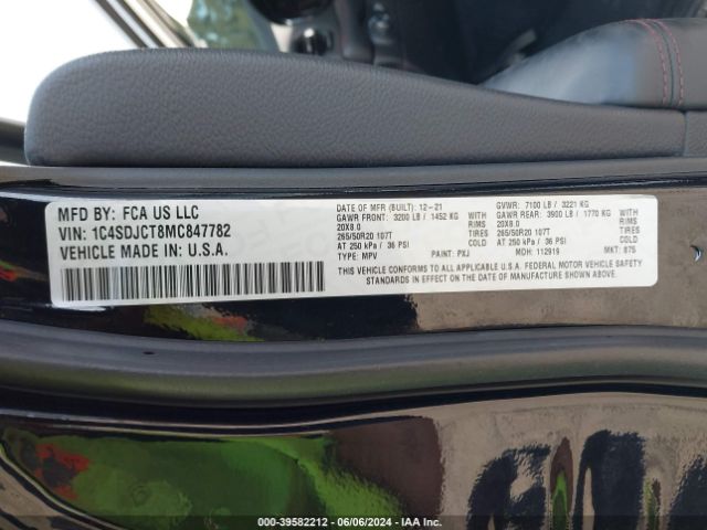1C4SDJCT8MC847782 Dodge Durango R/t Awd