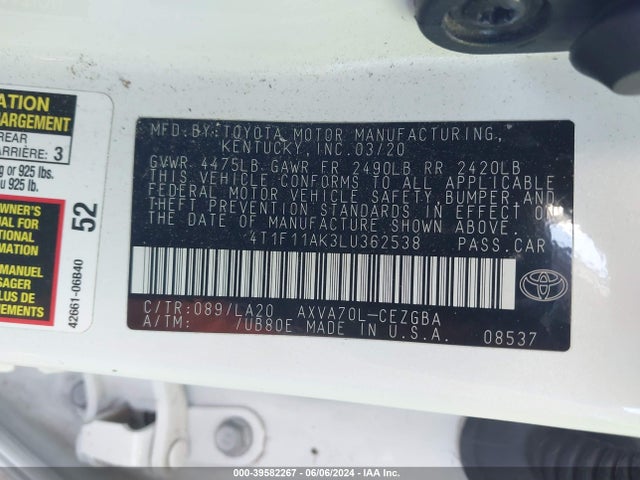 Toyota CAMRY XLE 2020 4T1F11AK3LU362538 Image 9