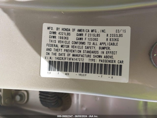 Honda ACCORD EX 2015 1HGCR2F7XFA147272 Image 9
