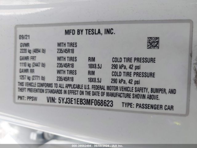 2021 TESLA MODEL 3 5YJ3E1EB3MF068623 Photo 8