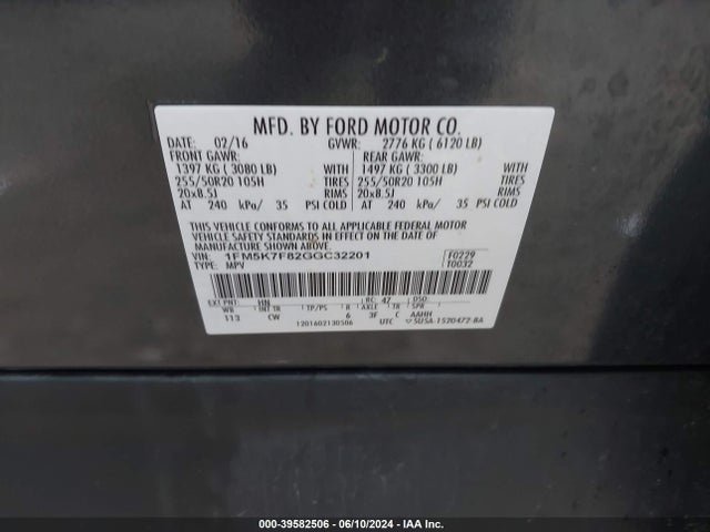 Ford Explorer Limited 2016 1FM5K7F82GGC32201 Image 9