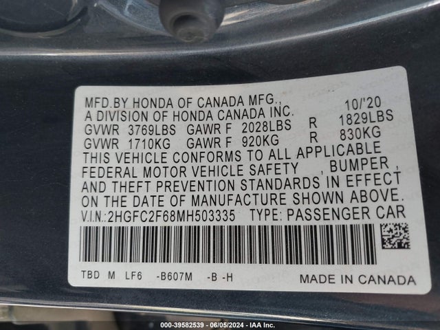 Honda Civic Lx 2021 2HGFC2F68MH503335 Image 9