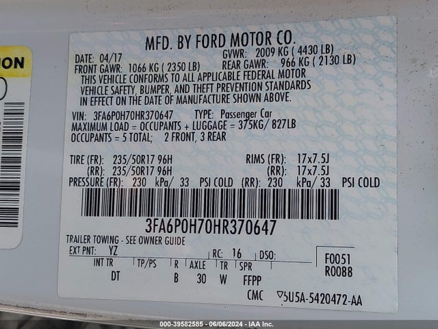 Ford FUSION SE 2017 3FA6P0H70HR370647 Image 9
